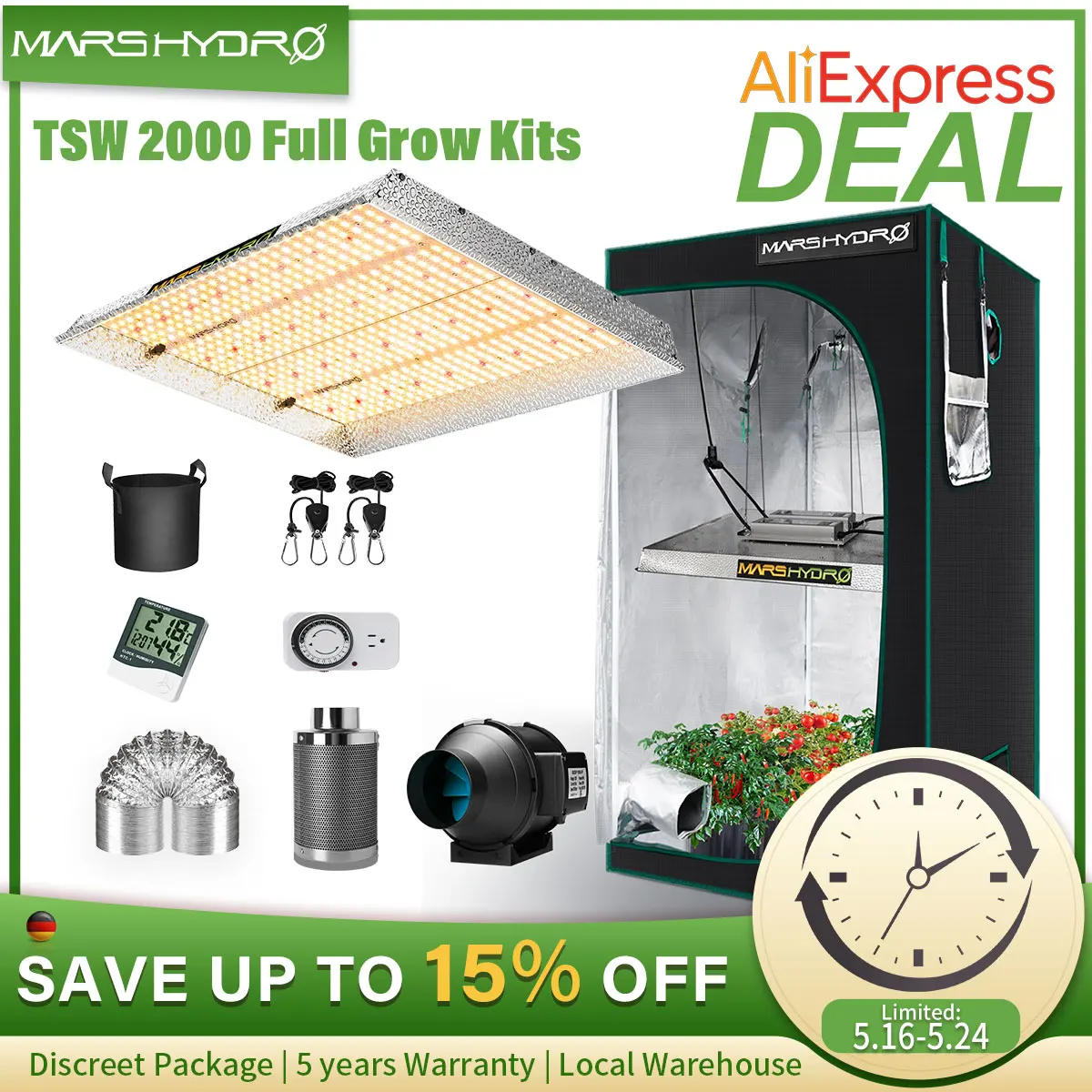 Mars Hydro TSW 2000W светодиодный Grow светильник 120x120x200 cm Внутренняя защита от атмосферных