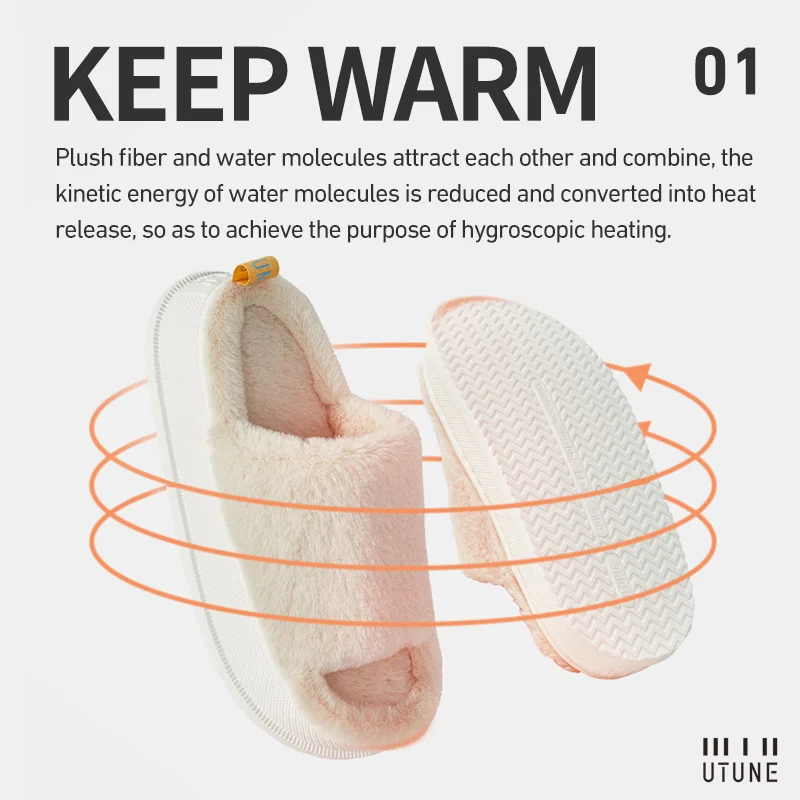 UTUNE Women Winter Slippers Plush Warm Home Slides For Men Thick Sole Soft Indoor Flats Non-slip Breathable Office Lady Shoes