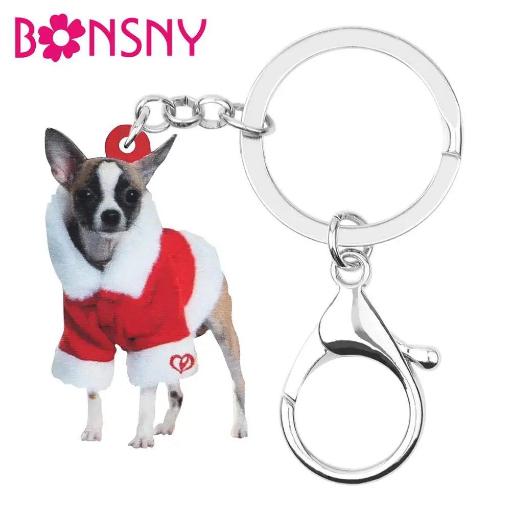 

Bonsny Acrylic Christmas Costume Dress Chihuahua Dog Key chains Key Rings Bag Car Purse Keychain For Women Girls Decoration Gift