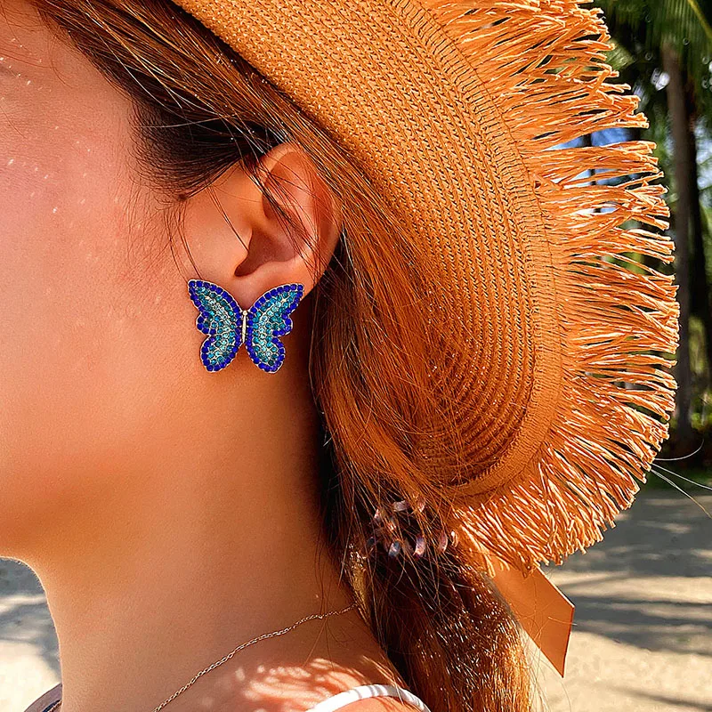 

Elegant Rhinestone Blue Butterfly Stud Earrings For Women Girls Fashion Metal Jewelry Animal Earrings Party Gifts