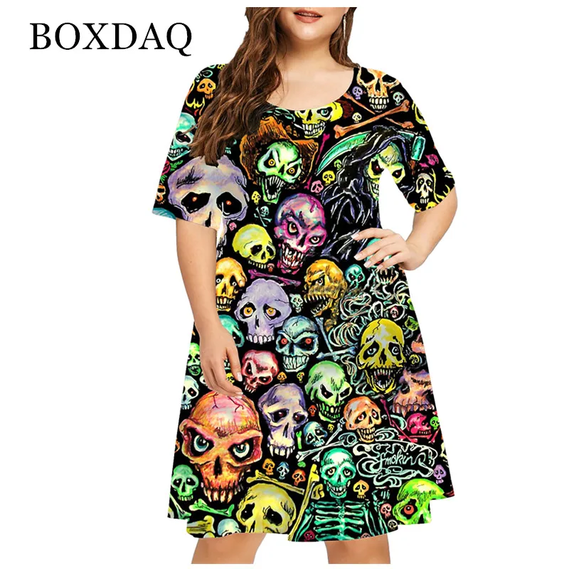 New 2021 Woman Halloween Party Loose Dress Short Sleeve Skull Print Dresses Plus Size Women Clothing 5XL 6XL Female Vestidos