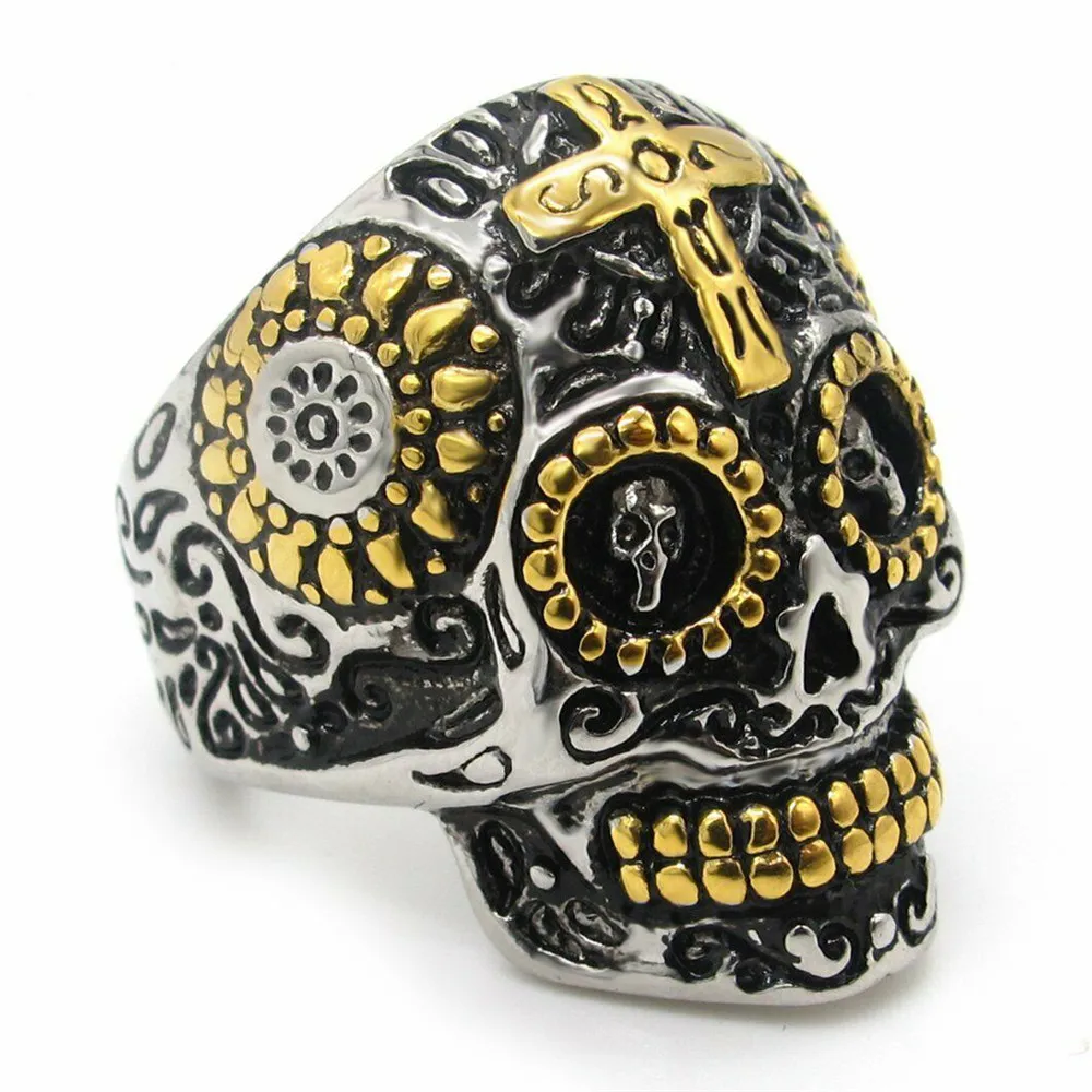 

Mens Gold Motorcycle Biker Skull Ring For Men Stainless Steel Size 7-15