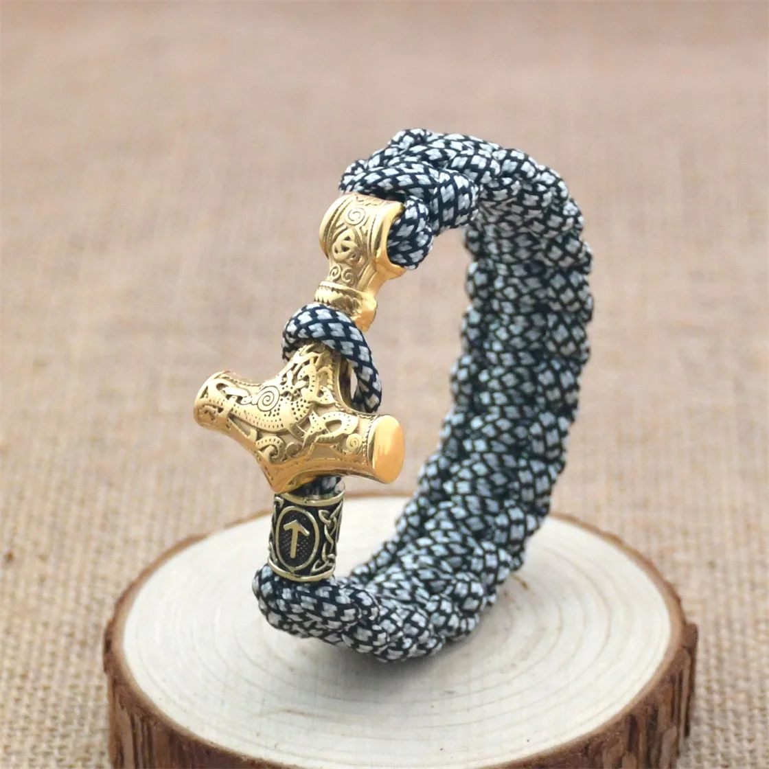 

Viking Men's Stainless Steel Golden Thor's Hammer Bracelet Nordic Rune Bead Amulet Green Umbrella Cord Braided Bracelet