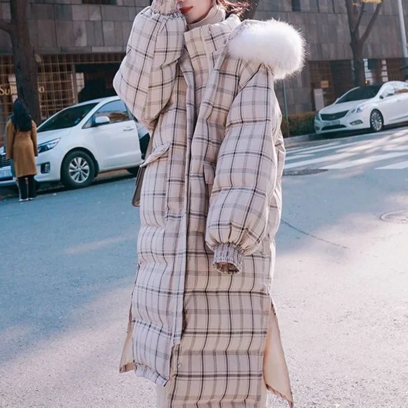 Женский пуховик с капюшоном длинное пальто в клетку из натурального Лисьего меха