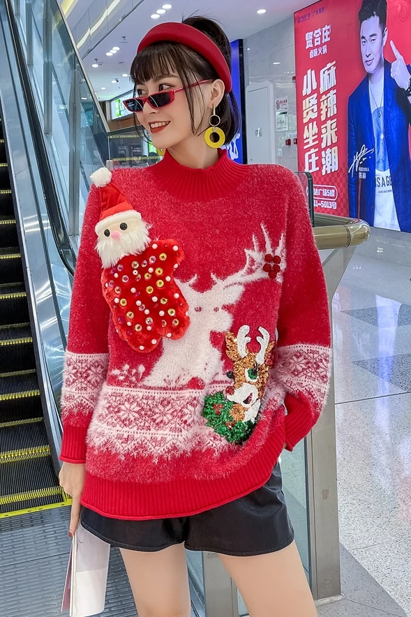 

Women's Christmas Sweater Europe Station Beaded Sequins Loose Outer Wear Sweater Women Red Pullover Loose Large Size Sweater