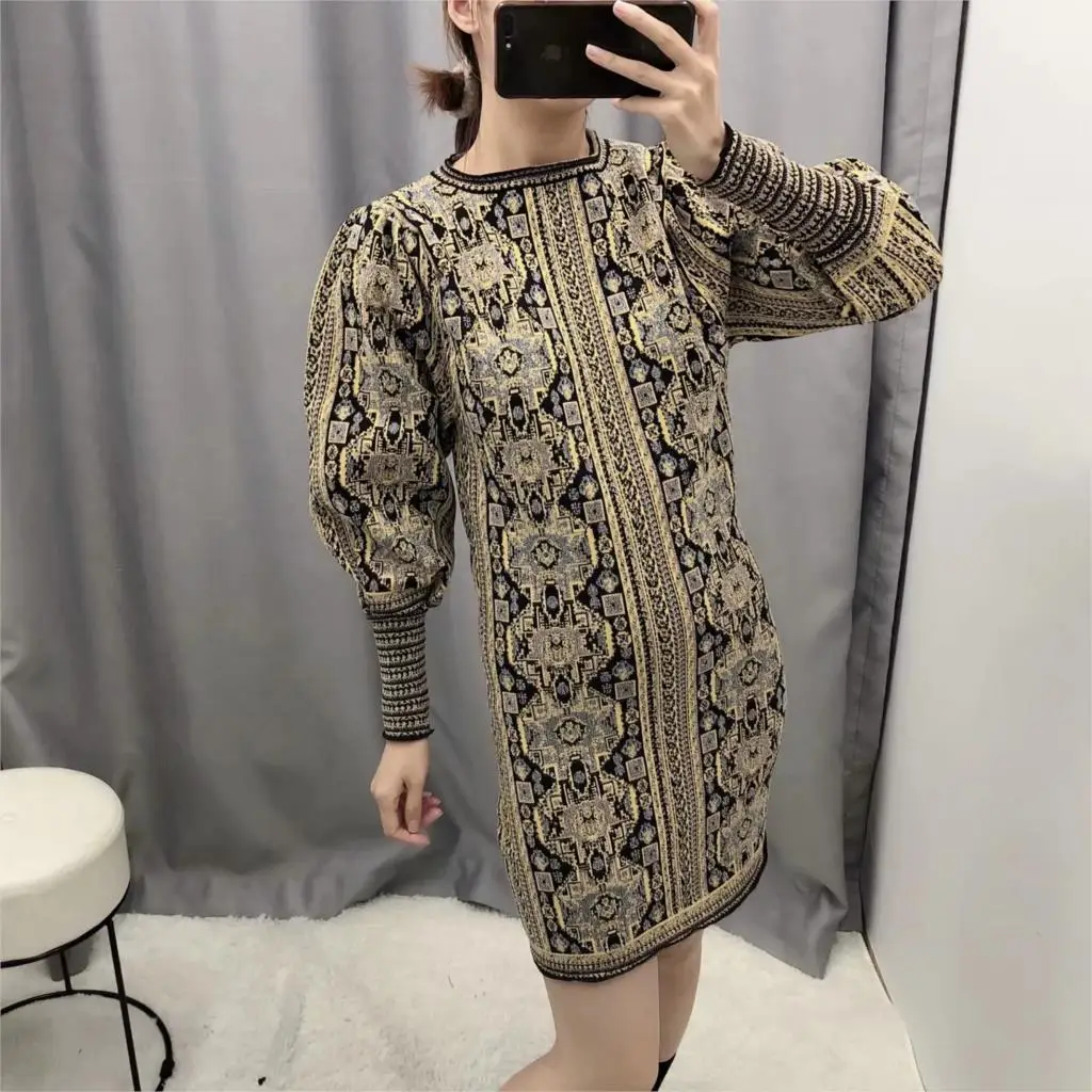 Женский Рождественский трикотаж платье с длинным рукавом желтое винтажное мини