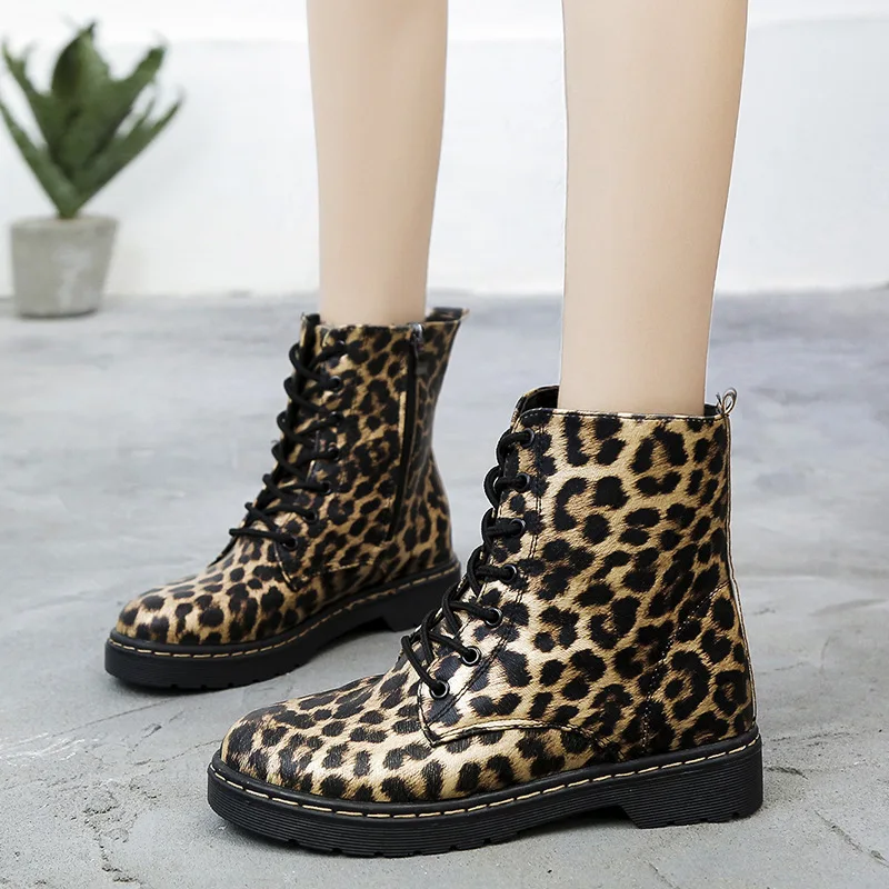 

Winter Boots Women Snow Ankle Boots Female Warm Lace Up Rubber Shoes Low Heel Lace Leopard Print Botas Mujer Invierno W22-29