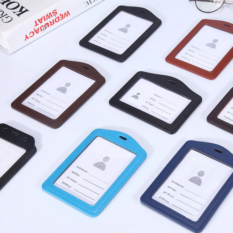 

1set double transparent Leather ID card cover work hanging rope badge clip nurse badge holder id badge case