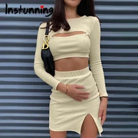 instunning hollow out women two pieces sets long sleeve high waist crop top matching splitted skirt sexy solid autumn 2021 suit