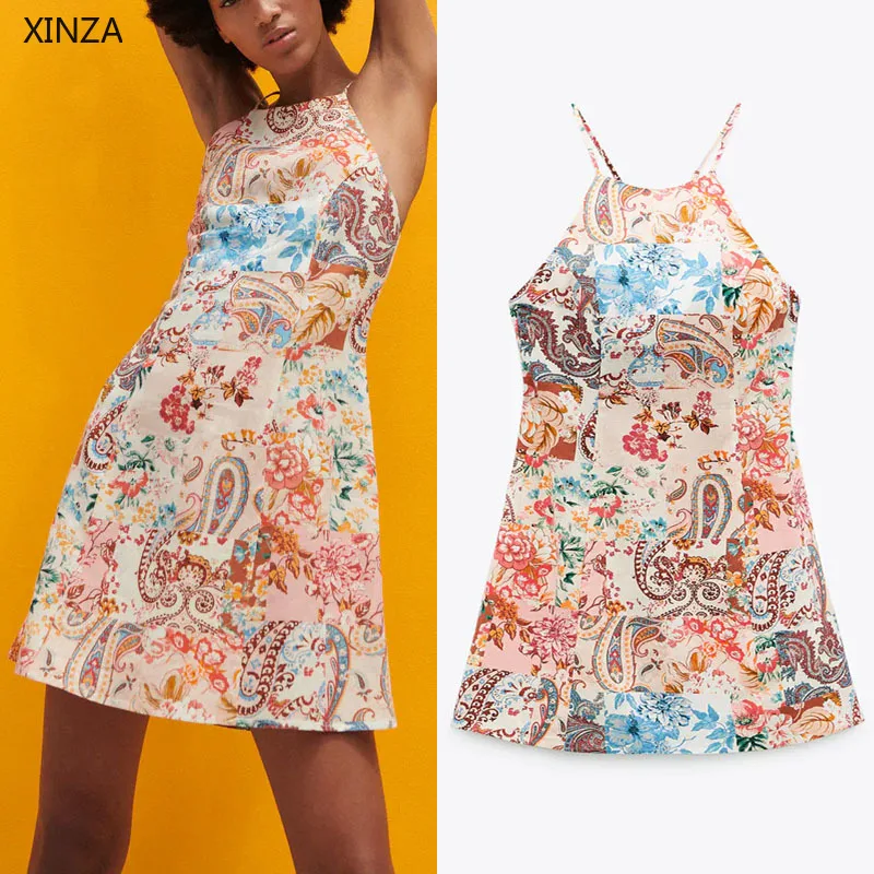 

Za Women Print Halter Dress Summer Sleeveless Straps Beach Dress Chic Back Zip Backless Sexy Mini Dresses Woman Vintage Vestido