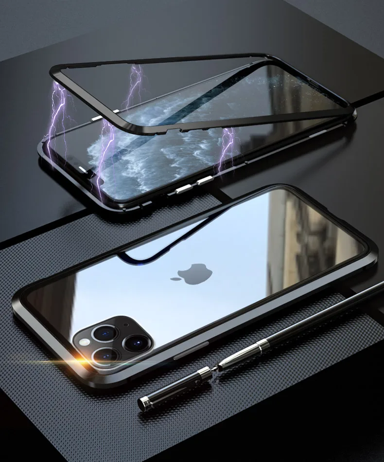 Металлический магнитный адсорбционный чехол для iphone 11, чехол из закаленного стекла для iphone 11 pro max, Новые Чехлы, бампер, чехол