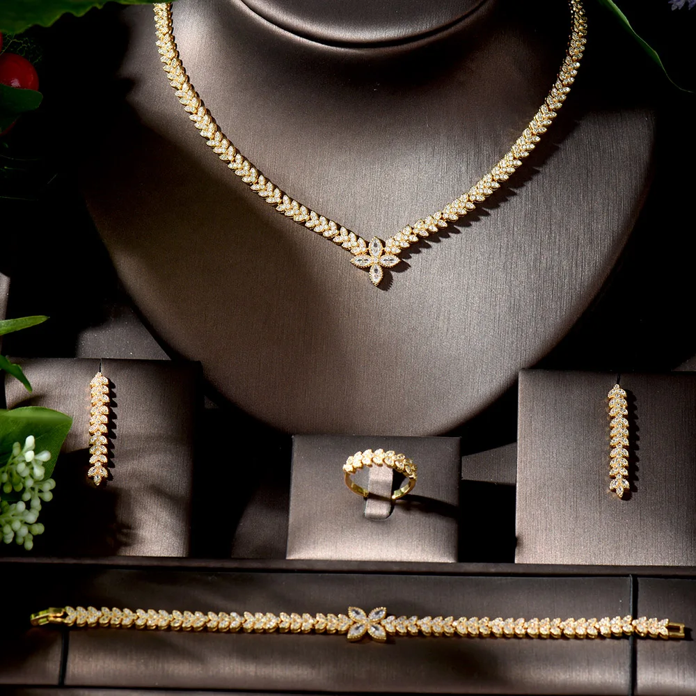 HIBRIDE Золотое свадебное ожерелье серьги для женщин Африканский ювелирный набор