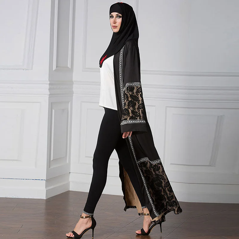Abaya Islam Gaun Indonesia Renda Wanita Cardigan Jubah Muslim Hitam Renda Jubah Arab Nasional Turki Dubai Hijab Gaun Panjang