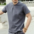 Рубашка мужская из хлопка и льна, удобная Базовая рубашка с воротником-стойкой, короткими рукавами, на пуговицах, в стиле ретро