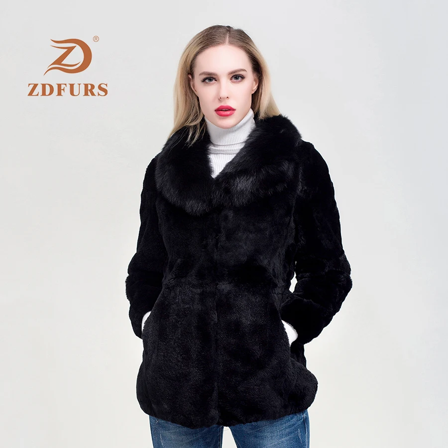 ZDFURS*Luxury Big Genuine Full pelt  REX Rabbit Fur Coat With Real Natural Fox Fur Collar  Customize Plus Size Overcoat