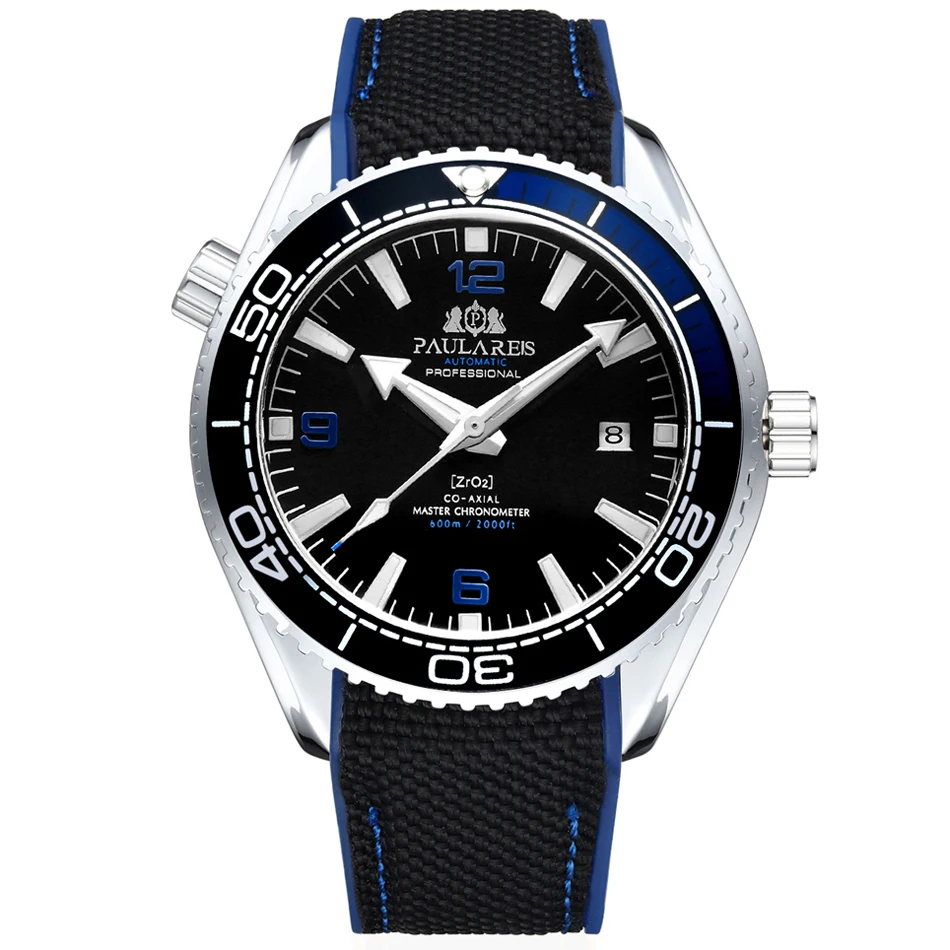 White Blue Black Мужские автоматические механические холщовые часы с резиновым ремешком James Bond 007, стильные оранжевые, синие, красные классические часы с вращающейся рамкой - Цвет: White Blue Black