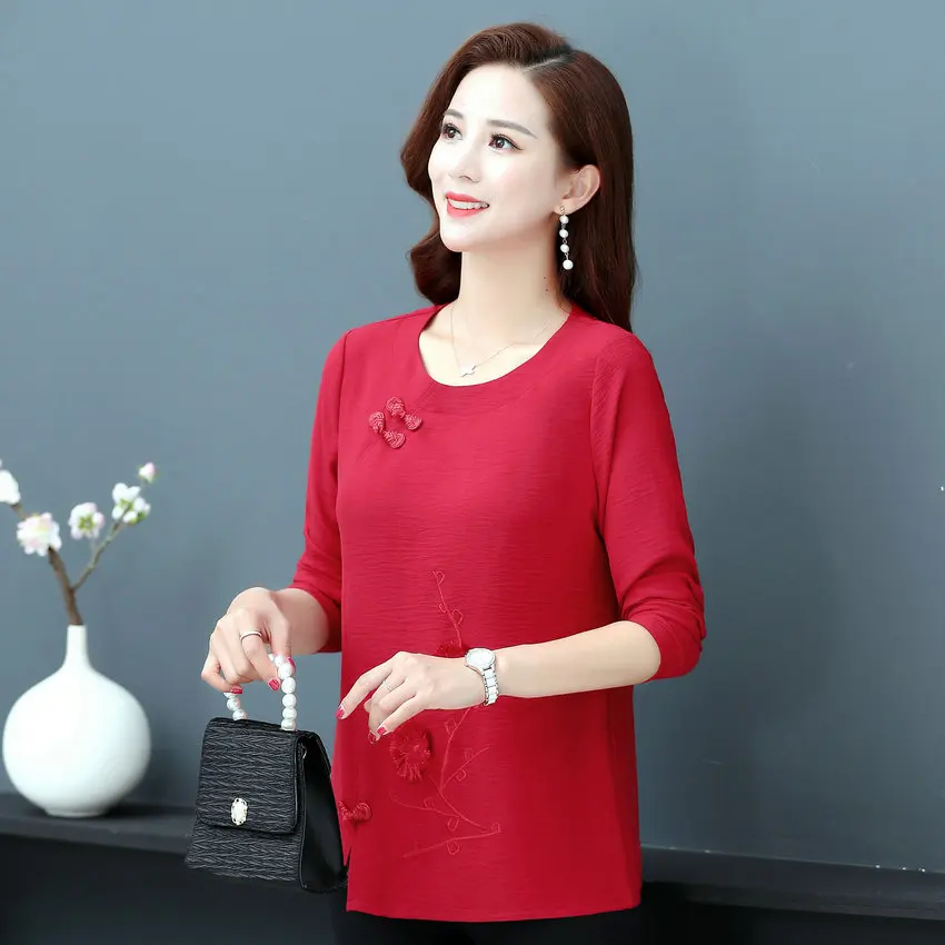 Oriental Style Women Spring Retro Blouses Green Black Red Floral Embroidery Tunic Ethnic Long Sleeve O-Neck Vintage Button Top | Женская