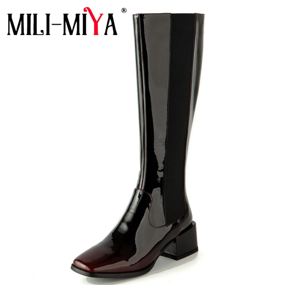 

MILI-MIYA 2021 Brand New Fashion Women Knee High Boots Patent Leather Chunky Heels Square Toe Vintage Street Style Party Shoes