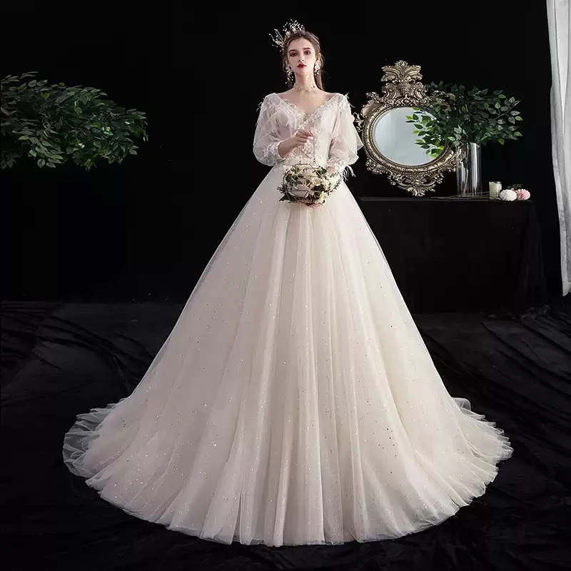 

Свадебное платье Цветочный принт сексуальное нижнее белье с глубоким v-образным вырезом; Платье с длинными рукавами, полу-Длина белый роско...