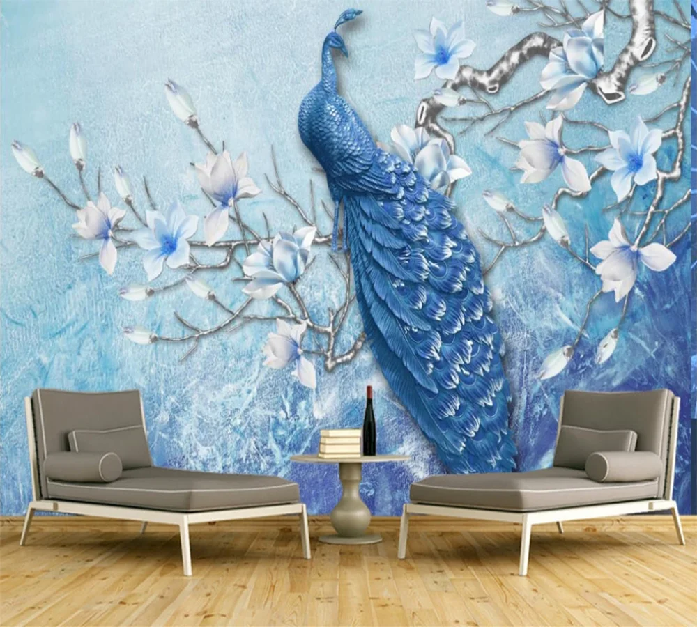Пользовательские 3D обои роспись новый китайский рельеф синий павлин Магнолия