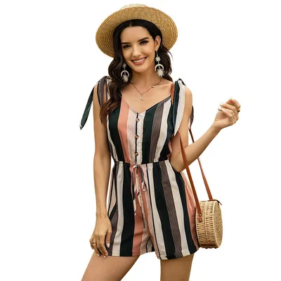 

Summer New Women's Slim Striped Shorts Fashion V-neck Strap Jumpsuit Backless Lady Jumpsuit