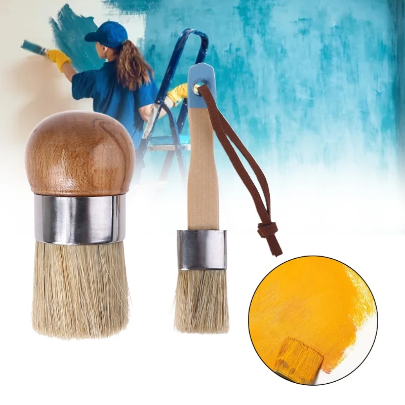 

2 Pcs Round and Flat Chalk Paint Wax Brush Ergonomic Wood Handle Natural Bristle Brushes Furniture DIY Painting Waxing Tool