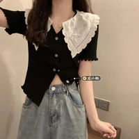 summer 2021 new lace baby collar clavicle knitted top v neck cardigan knitted thin t shirt womens wear