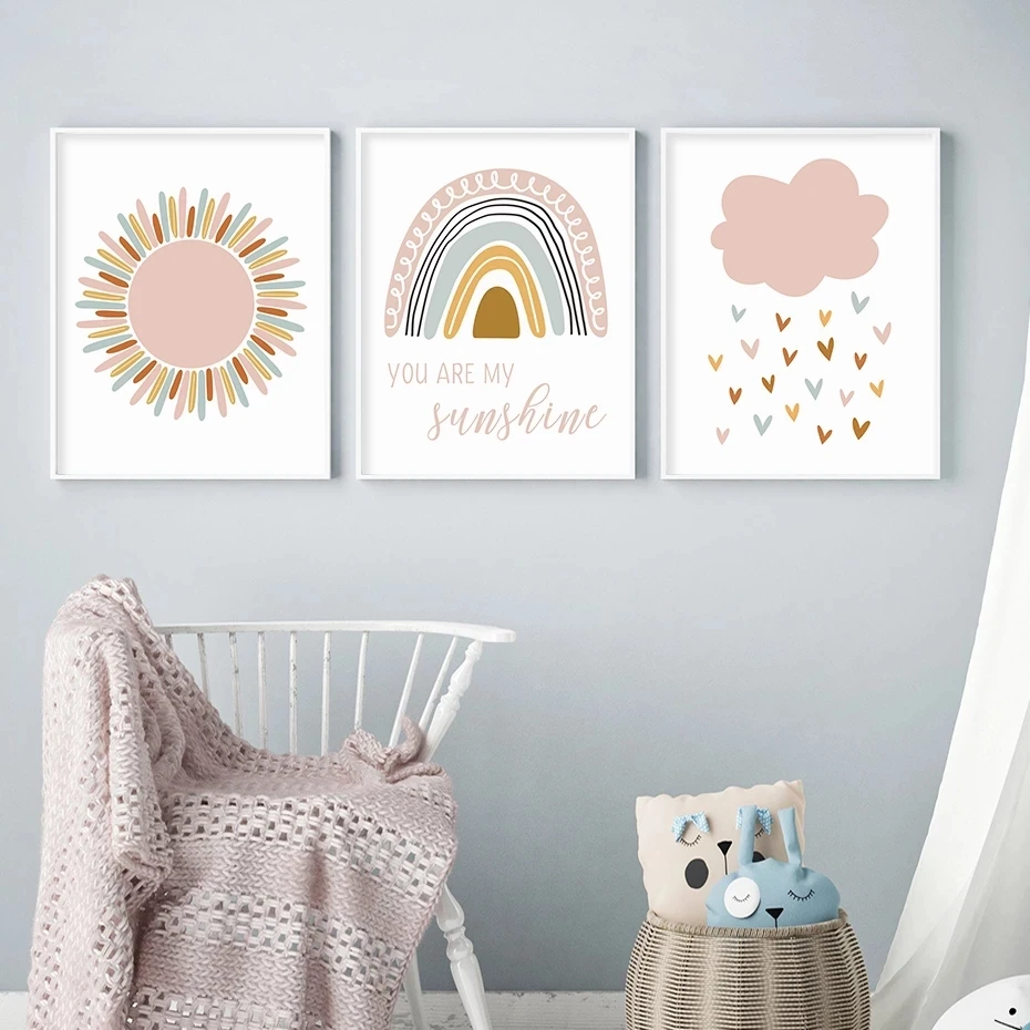 

Lovely Colored Mountain Clouds Sunshine Cartoon Canvas Painting Print Poster Picture Wall Art for Kids Room Bedroom Home Decor