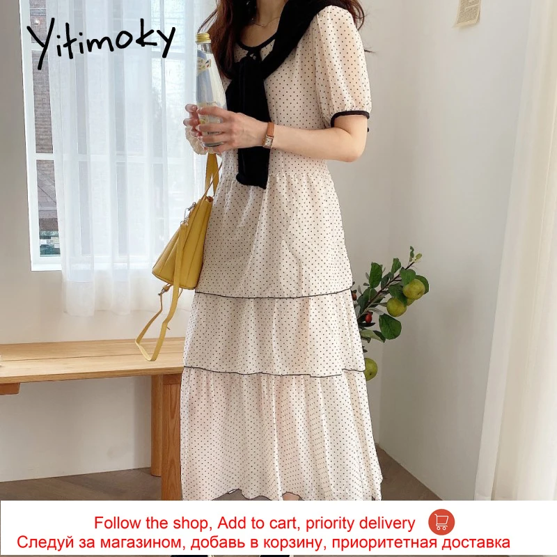 

Yitimoky Elegant O-Neck Puff Sleeve Bow Woman Dress 2021 Summer Office Loose Waist Pullover Fashion Korean New Long Day-dress