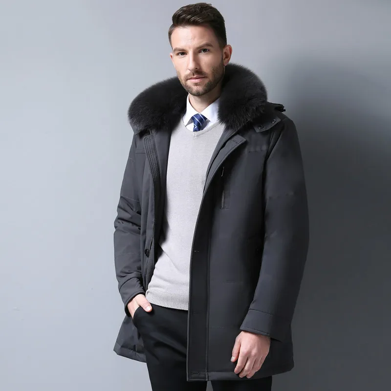 

Jacket Winter Plus Men's Size Long Down Coat with Real Fox Fur Hood Middle-aged Detachable Liner Parka KJ762