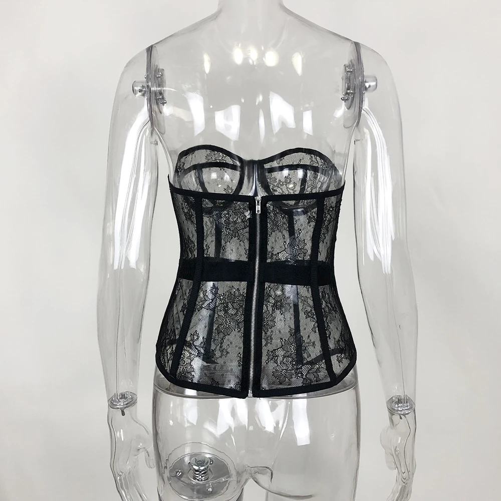

Kealofea Corset Bustiers Shirt Female Tops Sexy See Through Lace Underwired Outfits Wear Strapless Tube Sleeveless Top