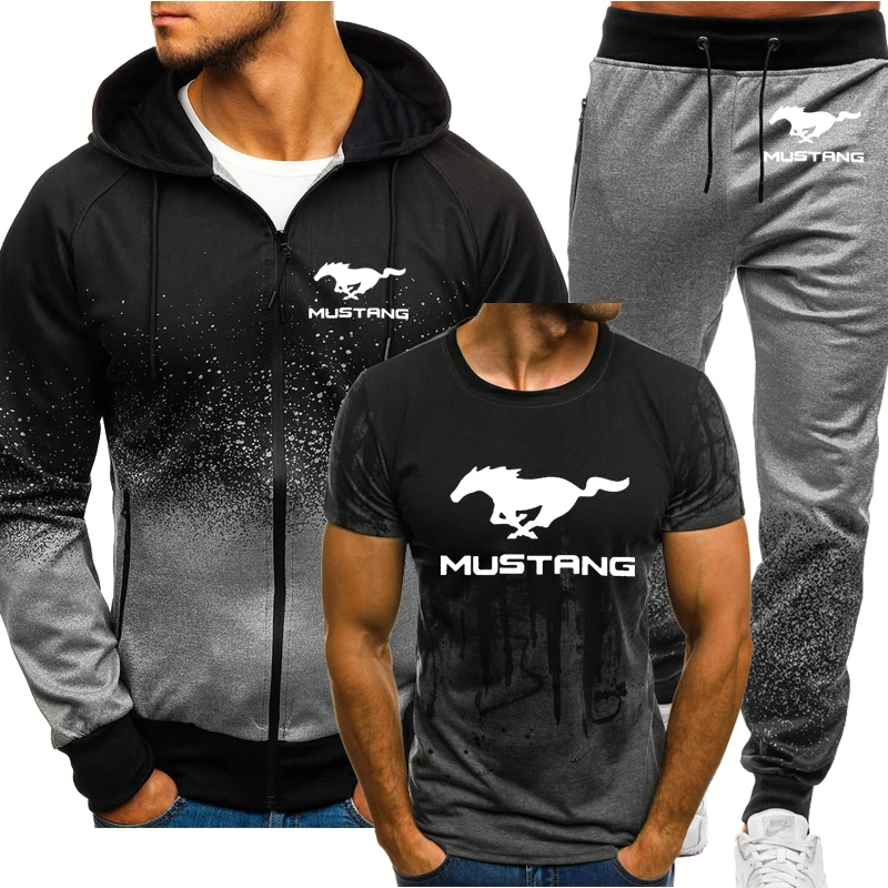 

Мужской Комплект из трех предметов, хлопковая куртка с капюшоном и спортивные брюки с принтом логотипа машины Mustang, весна-осень