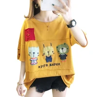 pure cotton t shirt mid length 2021 summer new style cartoon cat print blouse women loose big short sleeves wn