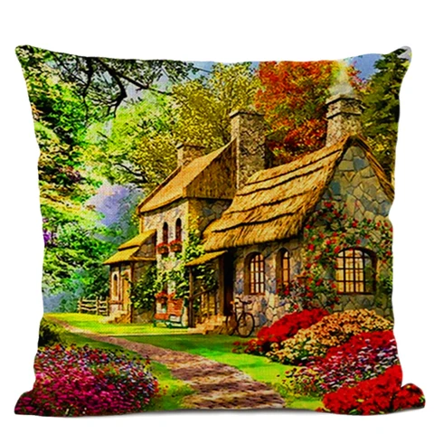 Наволочка для подушки, с изображением картин маслом, американский кантри, садовый пейзаж, красивая сказка, Европейский дом, отель, диван, льняная подушка, чехол