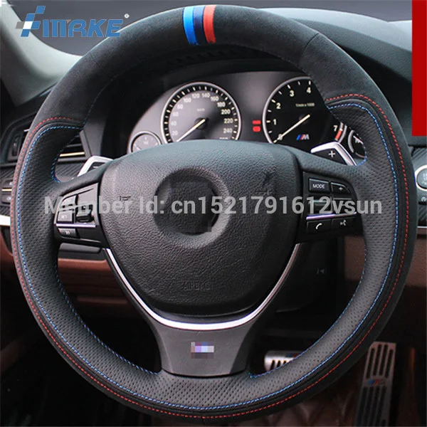 

For BMW 535Li High Quality Hand-stitched Anti-Slip Black Leather Black Suede Red Blue Thread DIY Steering Wheel Cover