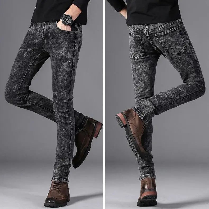 Summer Thin Stretch Jeans Men's Slim Fit Skinny Pants Korean Casual Retro Snowflake Pants Men's Fashion Skinny Jeans Men Gray