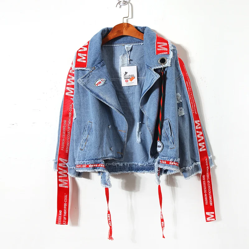 

Wenfly Women Denim Jacket New Harajuku Streetwear Hip Hop Letter Embroidery Ribbon Korean Loose Female Jeans Coat Plus Size