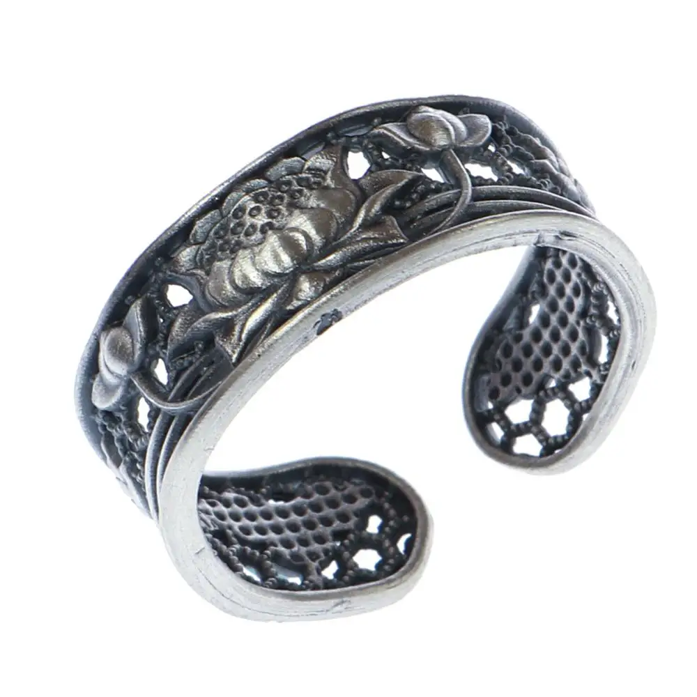 Женское кольцо с лотосом FNJ черное из тайского серебра 925 пробы прорезями 100%