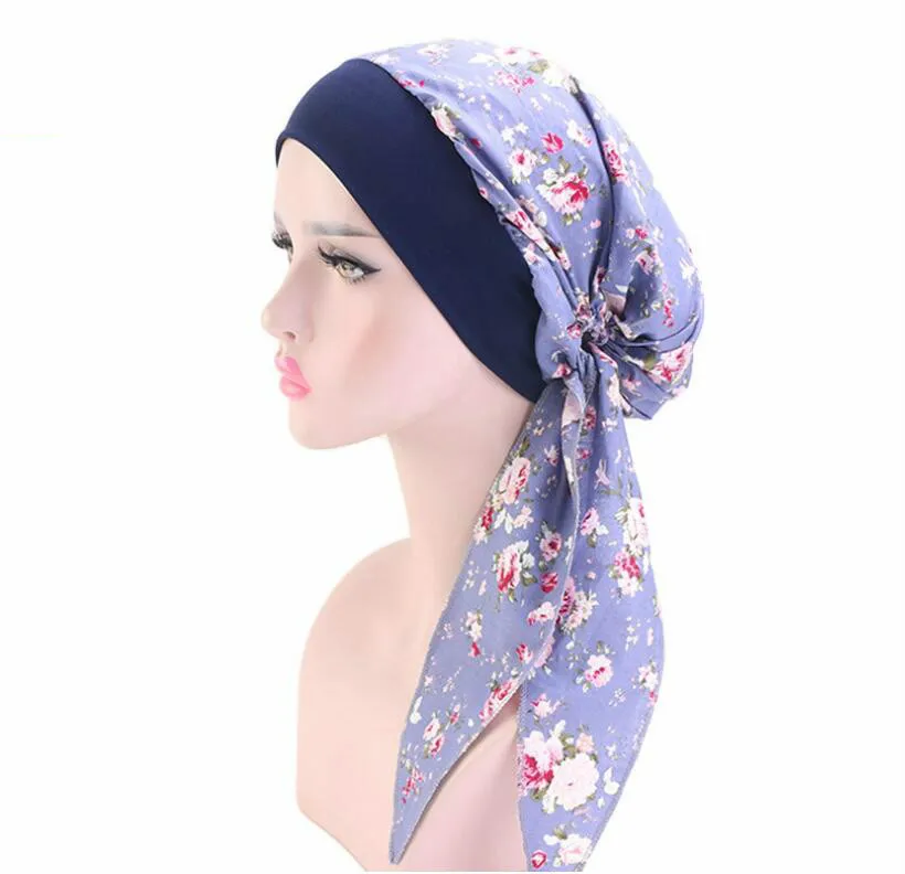 blue flower Банданы с принтом женские летние растягивающиеся широкие повязки повязка на голову из хлопка с цветочным принтом кепки винтажные богемные тюрбаны головные повязки - Цвет: blue flower