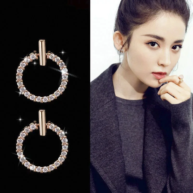 

Simple Style Full Rhinestone Circle Stud Earrings All-Match Sliver Plated Zircon Earrings Fashion Party Jewelry Gift For Women