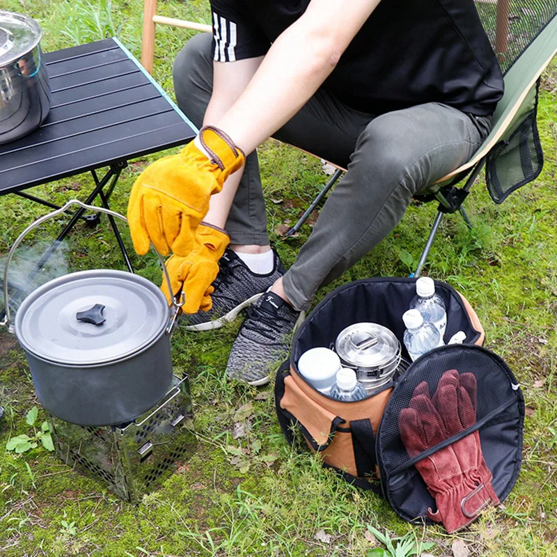 

32cm Waterproof Thickened Storage Bag Round Camping Cookware Handbag Portable Picnic Kitchenware Organizer with Mesh Bag