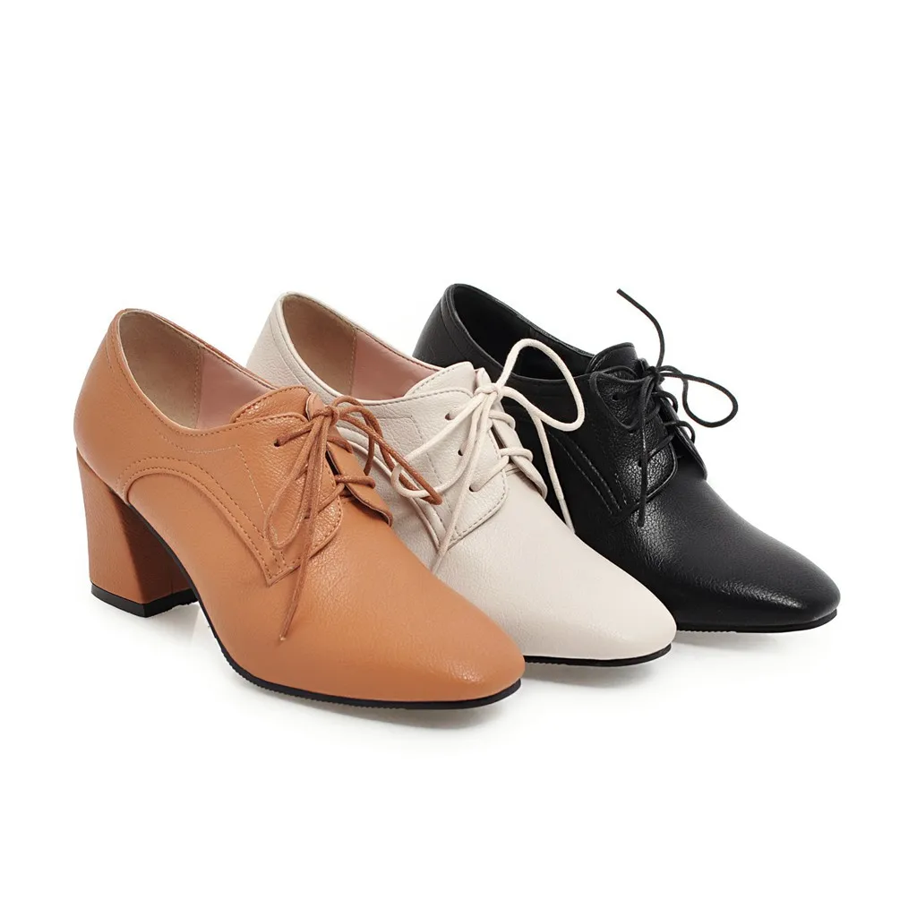 

Retro lace-up Roman shoes square head thick heel spring and autumn single shoes high heels fashion professional shoes plus size