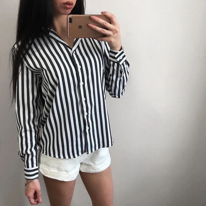 2020 New Spring Autumn Women Blouse black strips V-Neck Long Sleeve Work Shirts office Tops Striped blouse for business | Женская одежда