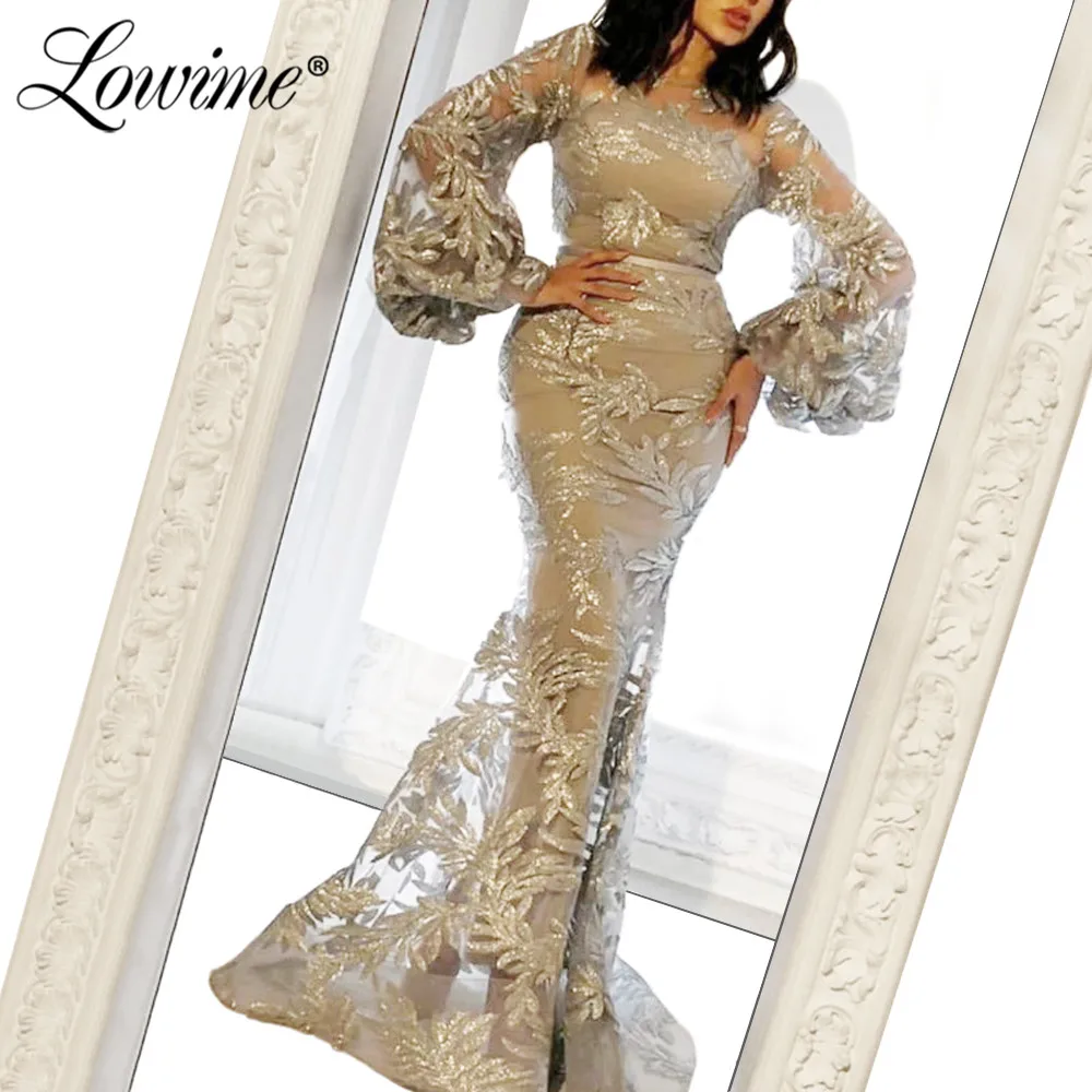 Женское вечернее платье-русалка серебристое платье с длинным рукавом в арабском