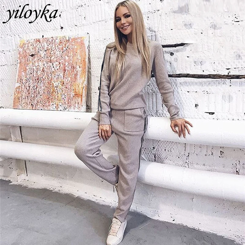 Новый осенний женский свитер с круглым вырезом + штаны комплект из двух предметов