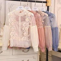 2021 womens spring summer lantern sleeve 3d floral blouse sexy see through lace blouses shirts elegant blusas for women