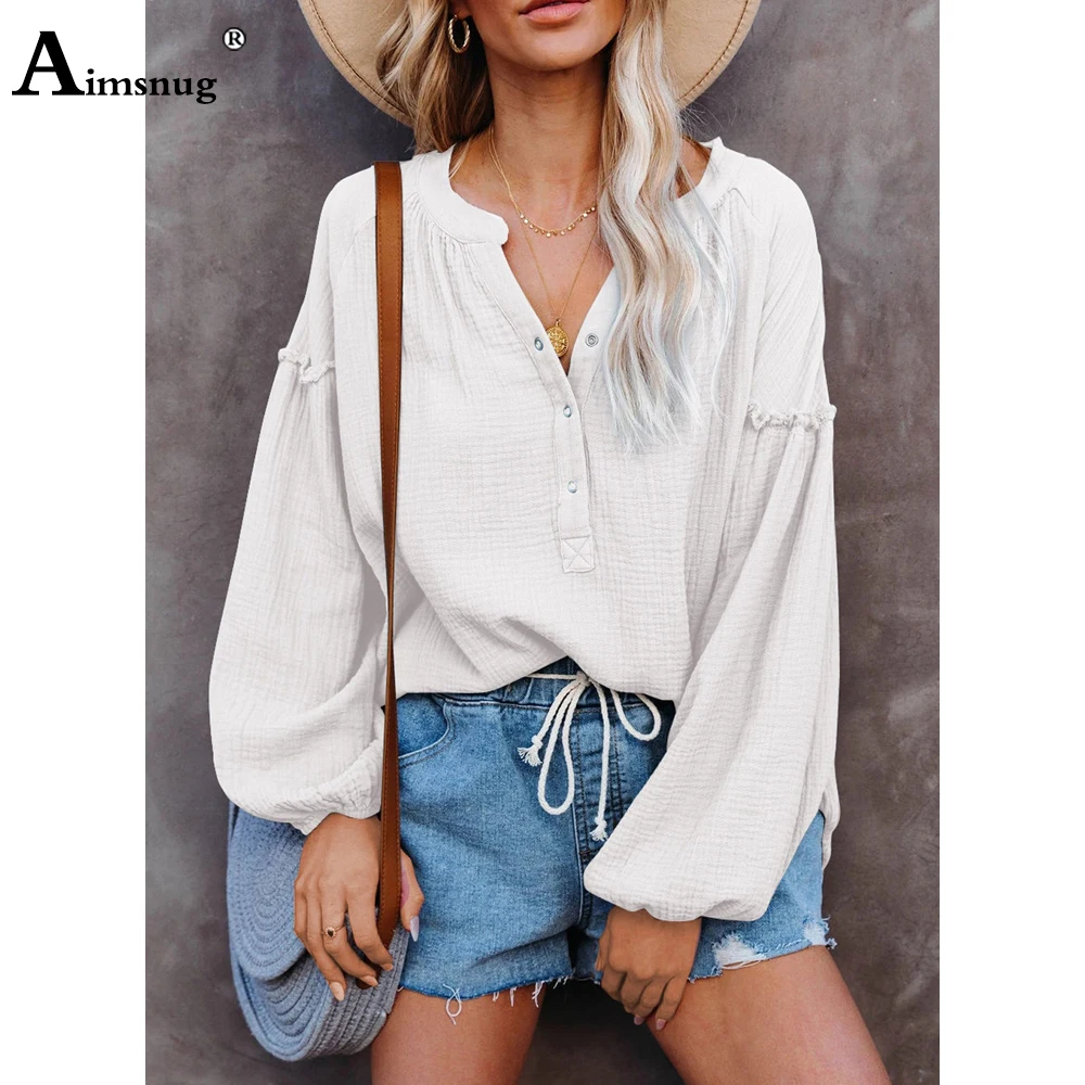 Aimsnug Plus Size Women Casual Shirt Lantern Sleeve Blouse Solid Basic Top Pullovers 2021 Single Breasted Shirt Loose Clothing
