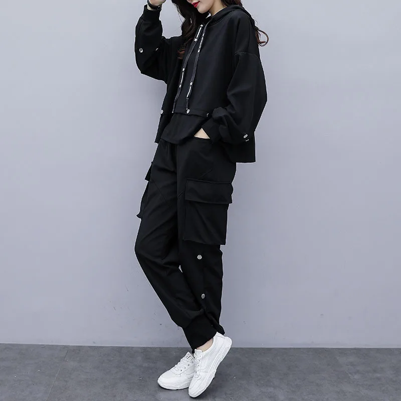 

Women's Black sports suit Large Plus Size tracksuit Hooded T Shirt+pants two piece set Top And Pant Big clothes Matching Set