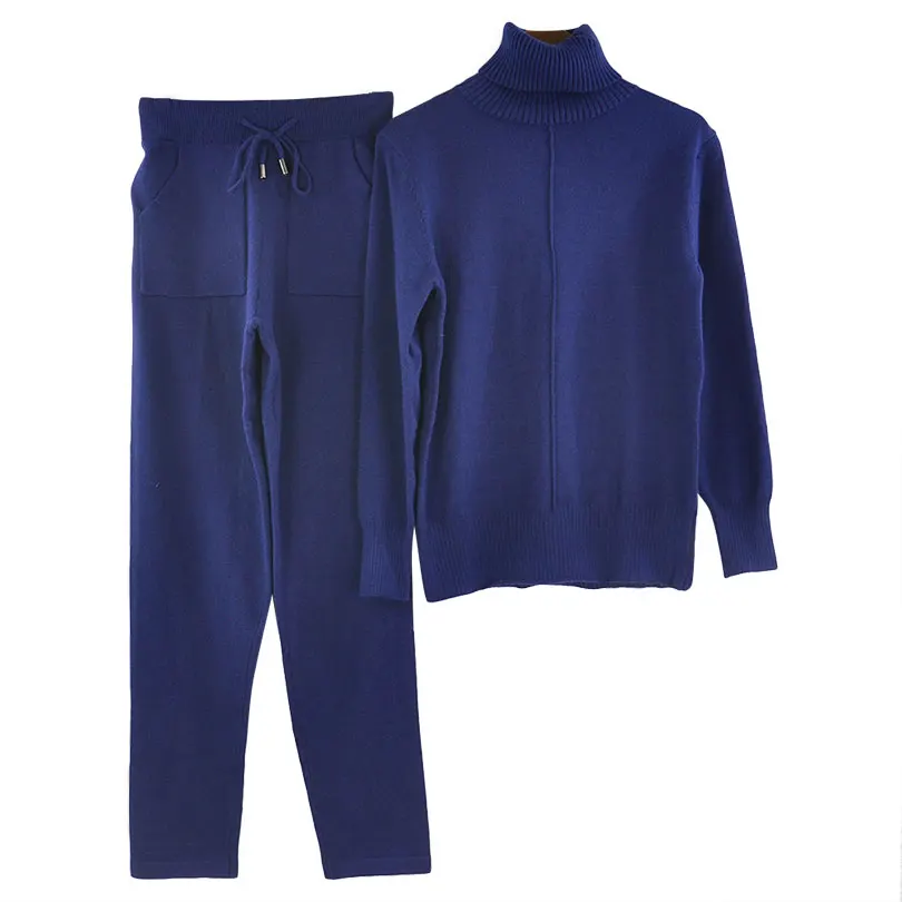 Navy Blue Женский утепленный костюм-двойка MVGIRLRU, вязаный костюм с пуловером/свитером с линией посредине и высоким воротником и с брюками, костюмы для бега на весну - Цвет: Navy Blue