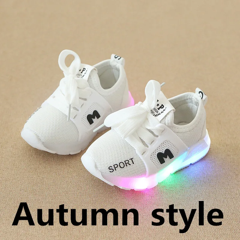 Autumn style Летняя детская повседневная обувь; Светодиодный свет; дышащие детские кроссовки; светящаяся модная обувь для мальчиков и девочек; нескользящая Мягкая обувь для бега - Цвет: Autumn style